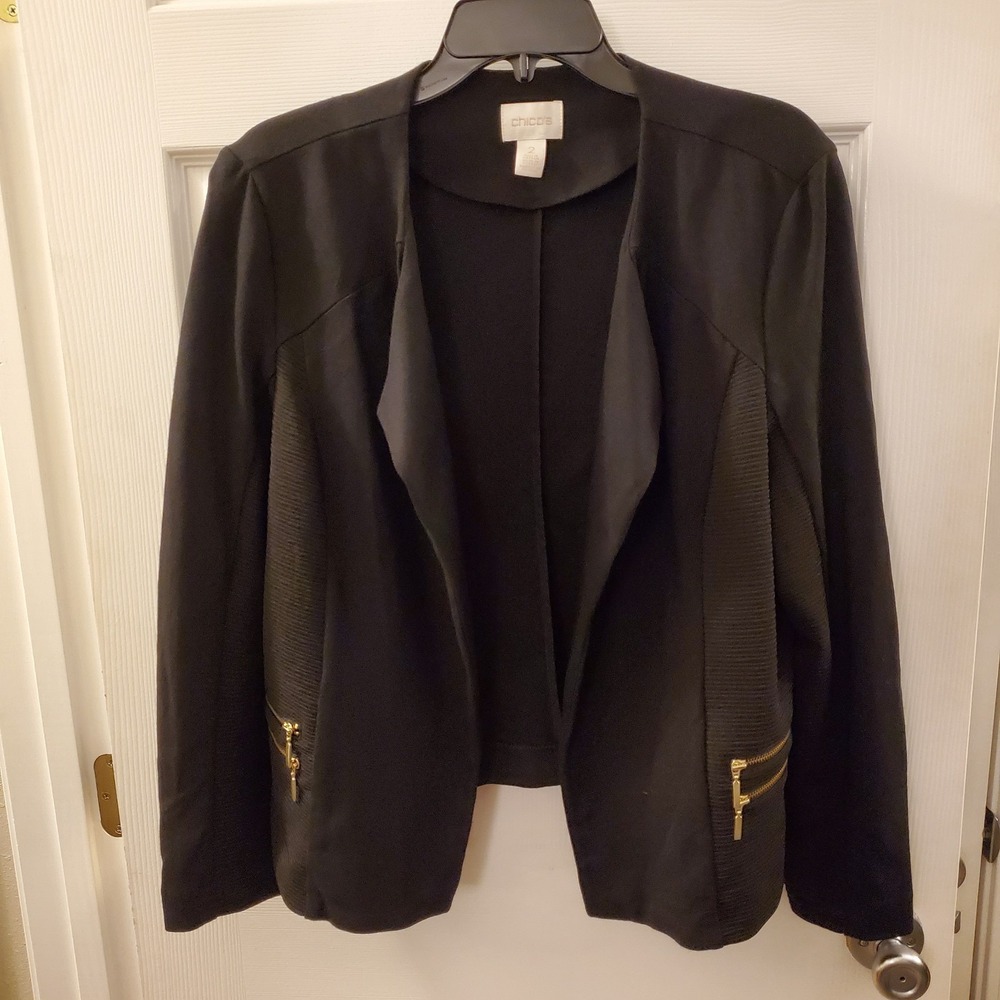 Chico's sz 2 Black open front Utility Jacket Gold Zippers Elevated Basic Office